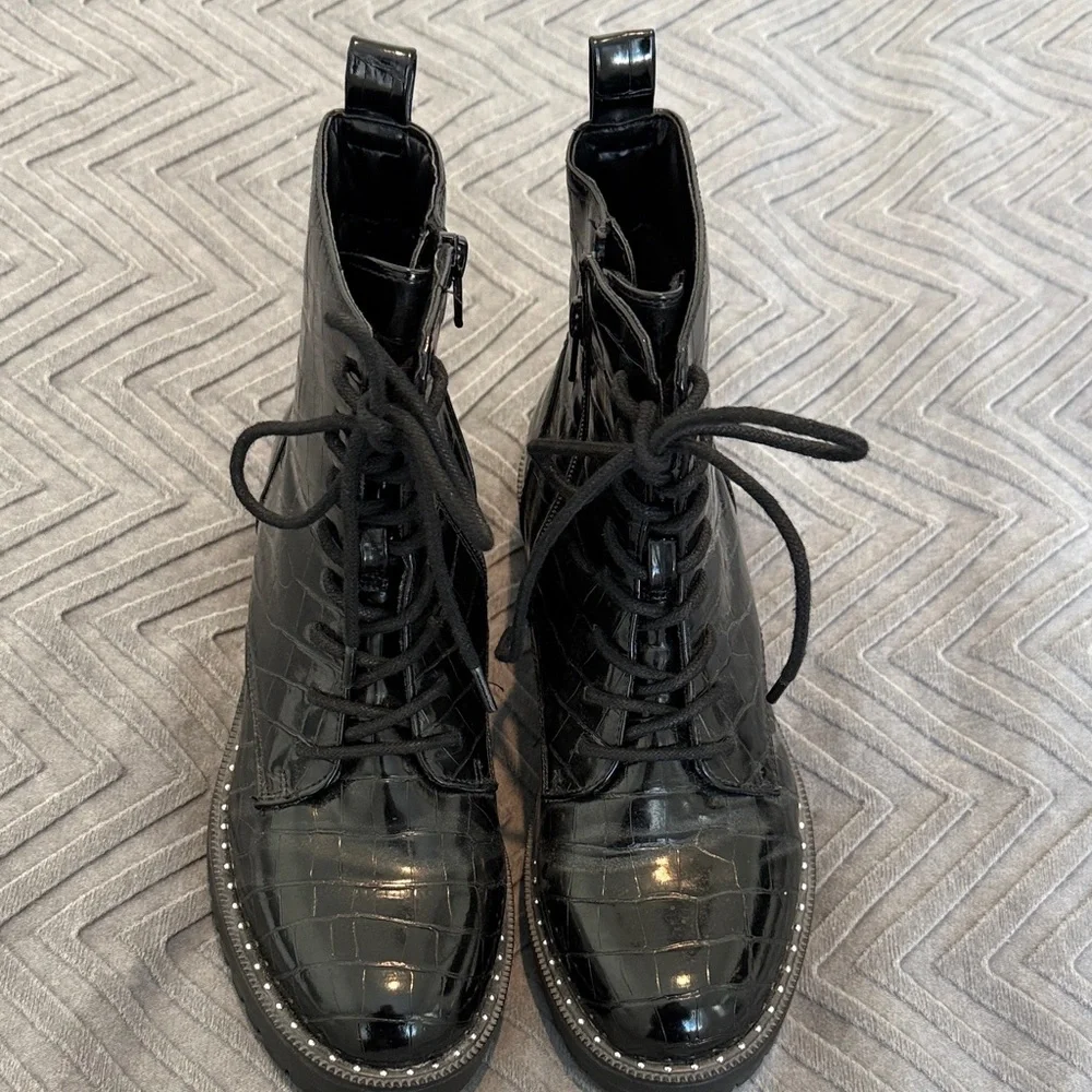A New Day Black Croc-Embossed Lace-Up Comabt Boots - Picture 2 of 14
